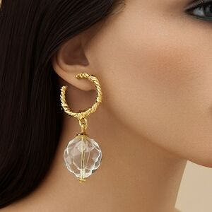 Gold Textured Open Hoop Earrings w/ Clear Crystal Drop – Bold Statement Jewelry